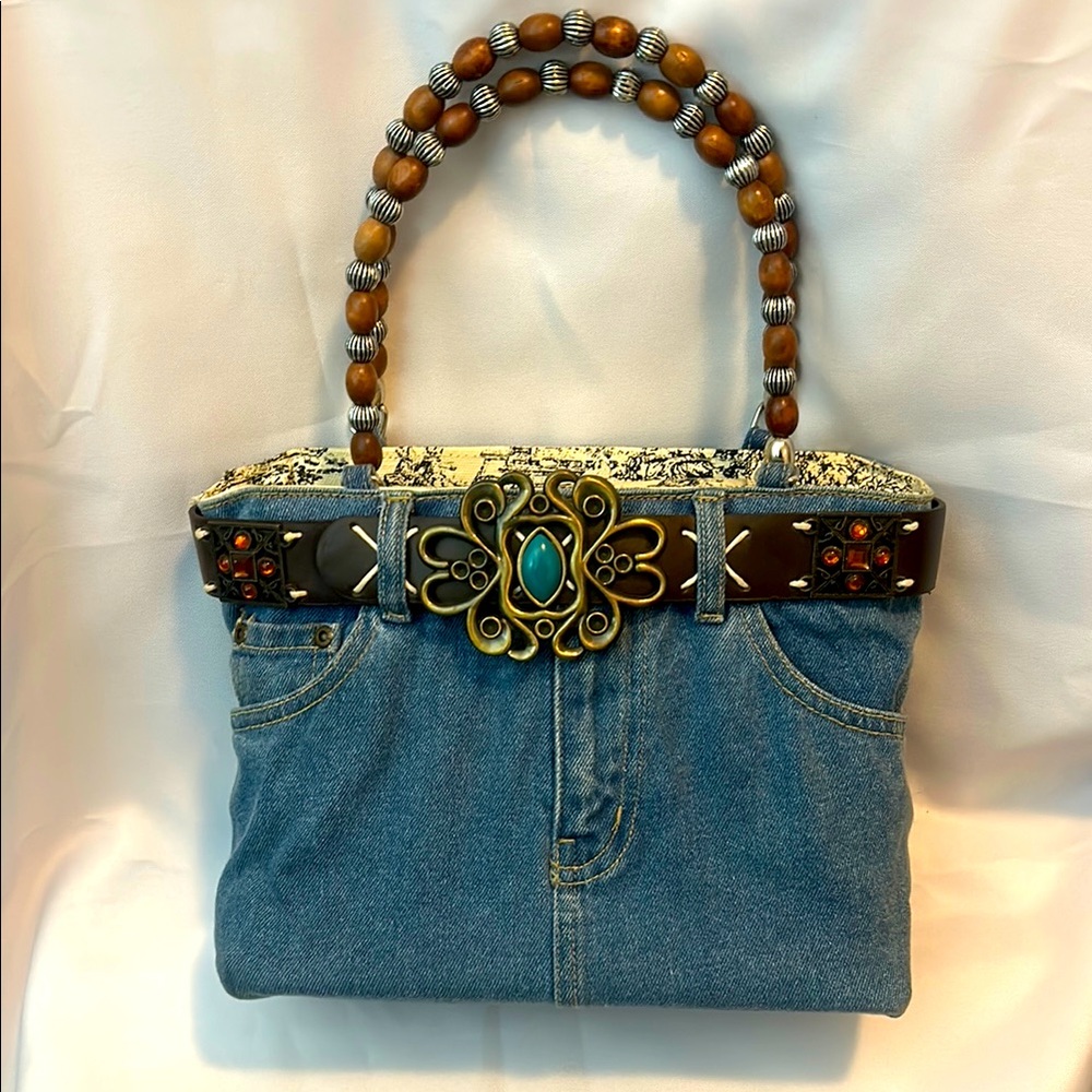 Denim and Brown Beaded Women's Bag